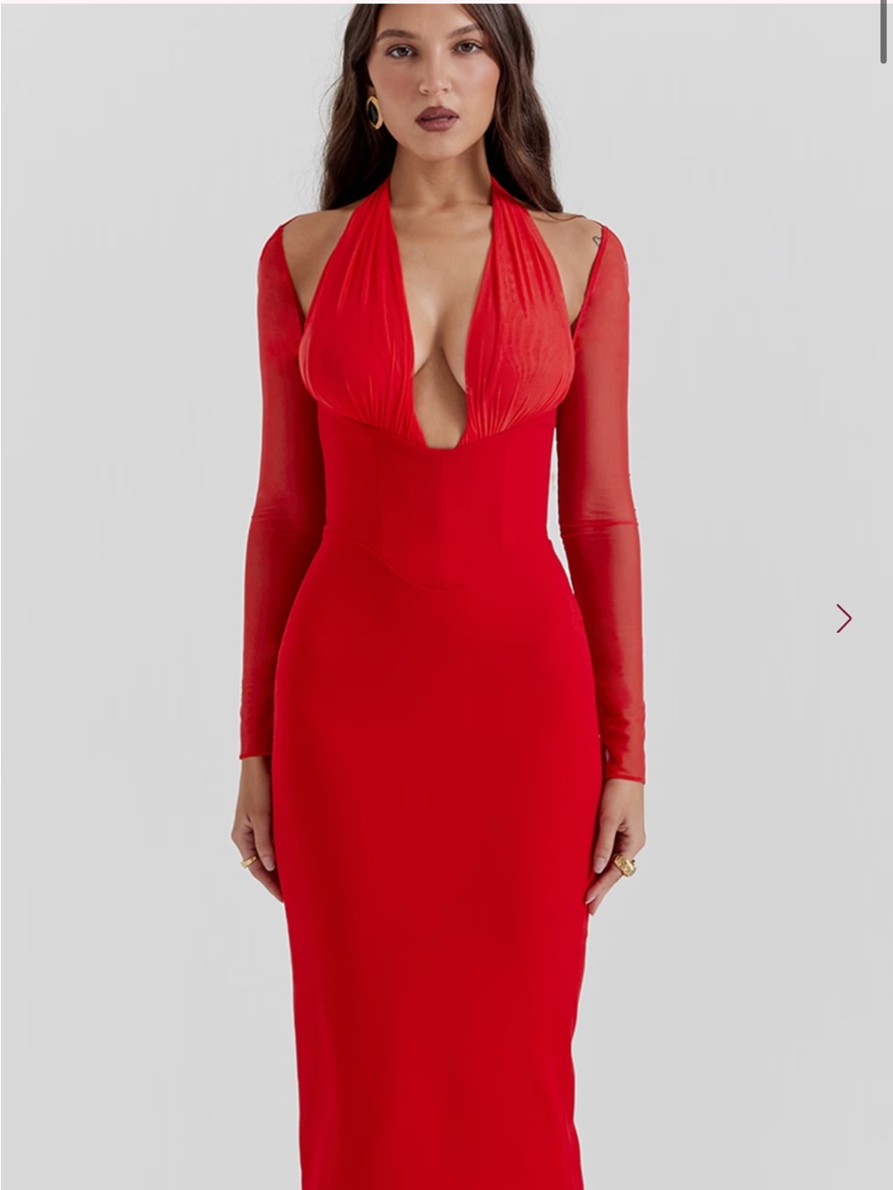 House of CB Red Plunge Long-Sleeve Evening Gown